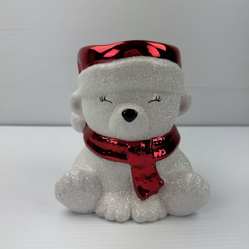 Bath & Body Works Polar Bear 3 Wick Candle Holder Christmas Red Glitter Winter